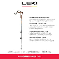 Close-up of LEKI Wanderfreund High Fives hiking pole tip with non-slip rubber base for superior traction on varied outdoor terrain.