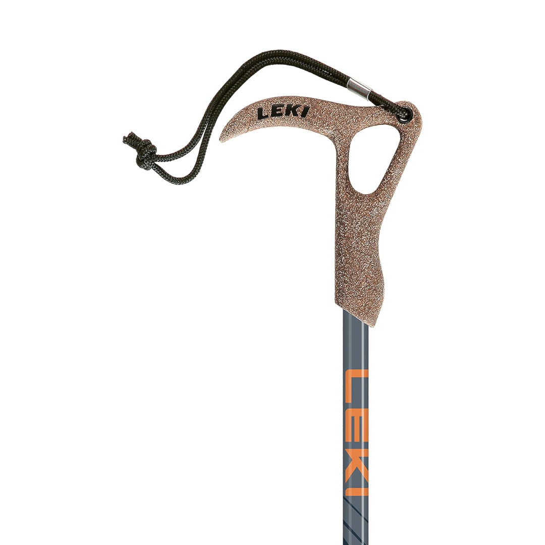 LEKI Wanderfreund High Fives trekking pole infographic showing product features, adjustable height, aluminum build, and ergonomic cork grip.