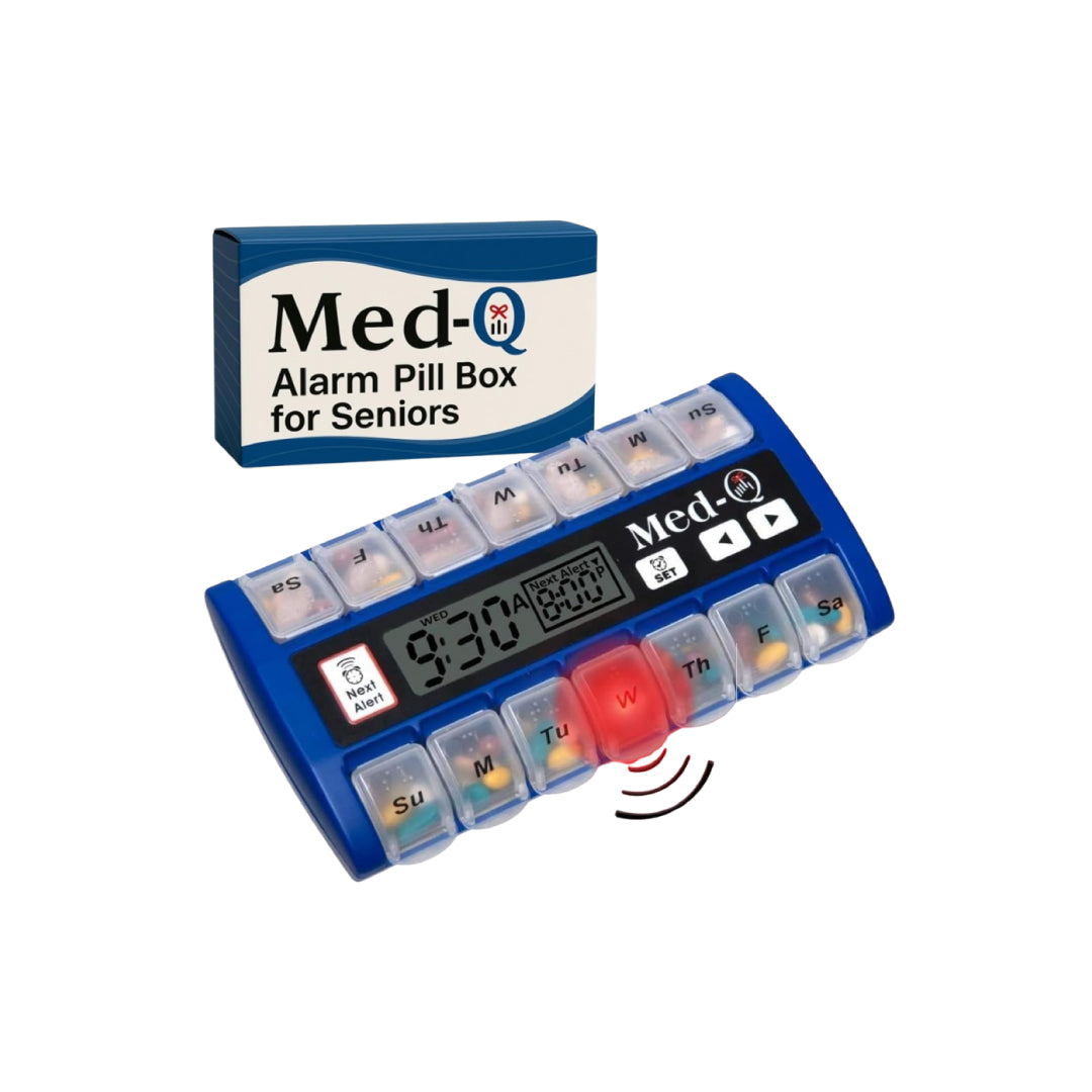 Front view of Med-Q Alarm Pill Box for seniors in blue, featuring digital display, flashing LED reminder, and labeled compartments for daily medication organization.