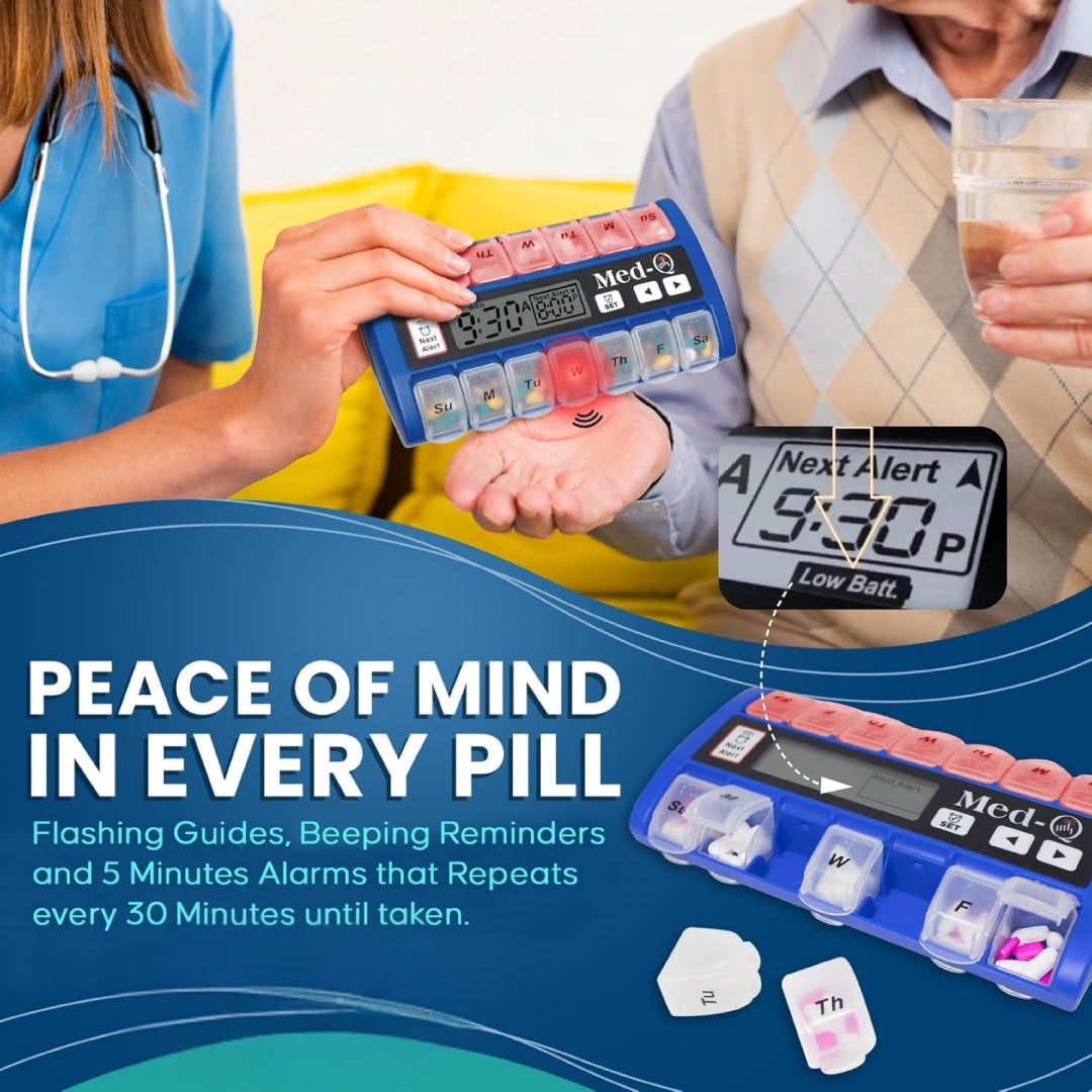 Elderly person using Med-Q alarm pill dispenser with caregiver assistance, showing flashing red alert light and digital display for accurate medication timing.