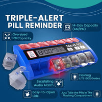 Close-up of Med-Q digital pill organizer showing triple alert system with flashing lights, audio alarm, oversized compartments, and easy-open lids for seniors.